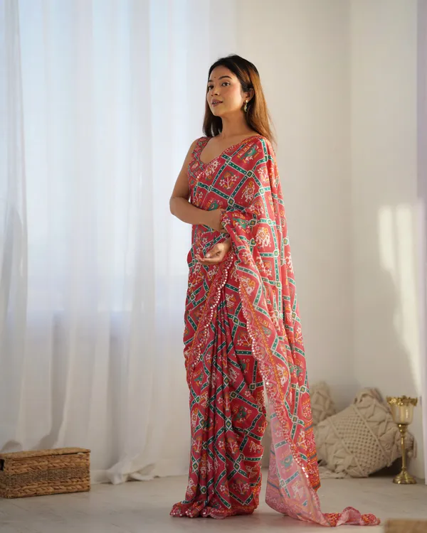 Red_And_Green_Pure_Chinon_Digital_Print_Saree_With_Mirror_Work_Scallop_Border_For_Women