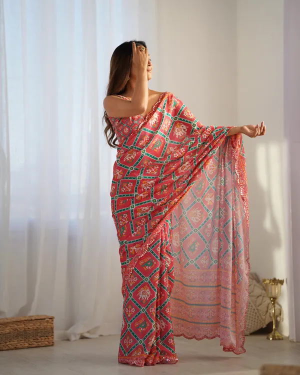 Red_And_Green_Pure_Chinon_Digital_Print_Saree_With_Mirror_Work_Scallop_Border_For_Women