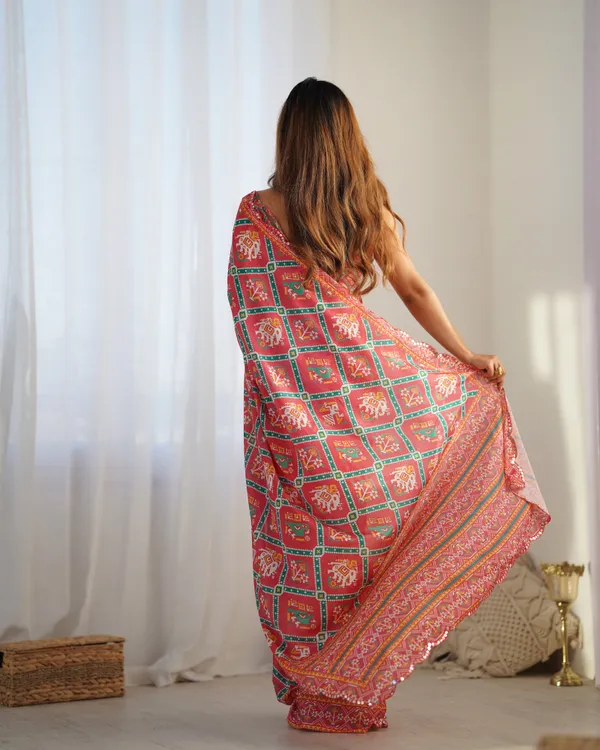 Red_And_Green_Pure_Chinon_Digital_Print_Saree_With_Mirror_Work_Scallop_Border_For_Women