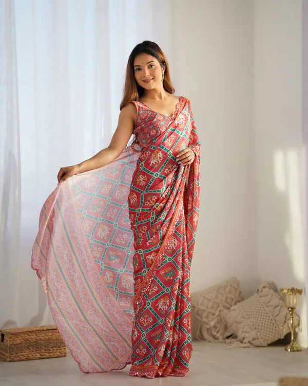 Red_And_Green_Pure_Chinon_Digital_Print_Saree_With_Mirror_Work_Scallop_Border_For_Women