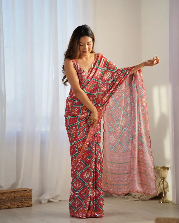 Red_And_Green_Pure_Chinon_Digital_Print_Saree_With_Mirror_Work_Scallop_Border_For_Women