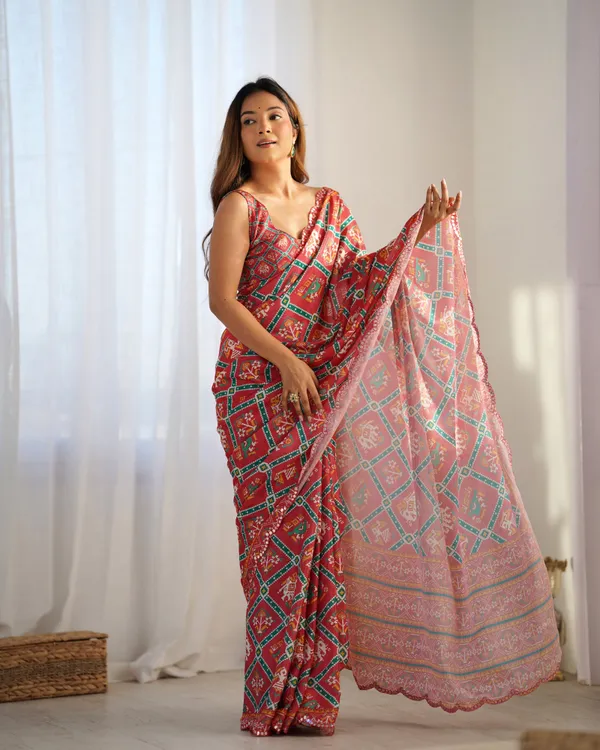 Red_And_Green_Pure_Chinon_Digital_Print_Saree_With_Mirror_Work_Scallop_Border_For_Women