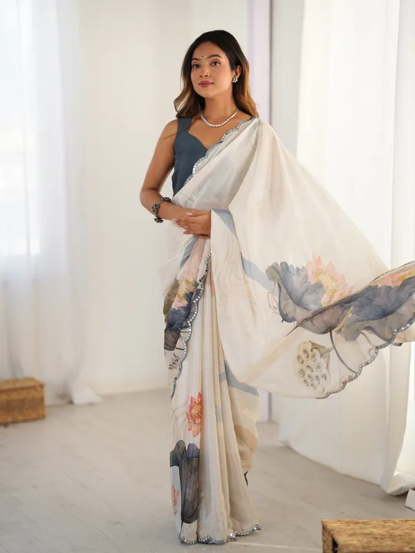 Off_White_And_Blue_Pure_Chinon_Digital_Print_Saree_With_Mirror_Work_Scallop_Border_For_Women