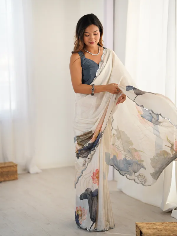 Off_White_And_Blue_Pure_Chinon_Digital_Print_Saree_With_Mirror_Work_Scallop_Border_For_Women