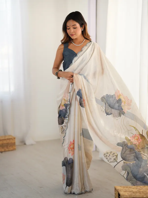 Off_White_And_Blue_Pure_Chinon_Digital_Print_Saree_With_Mirror_Work_Scallop_Border_For_Women