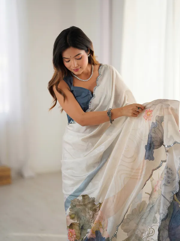Off_White_And_Blue_Pure_Chinon_Digital_Print_Saree_With_Mirror_Work_Scallop_Border_For_Women