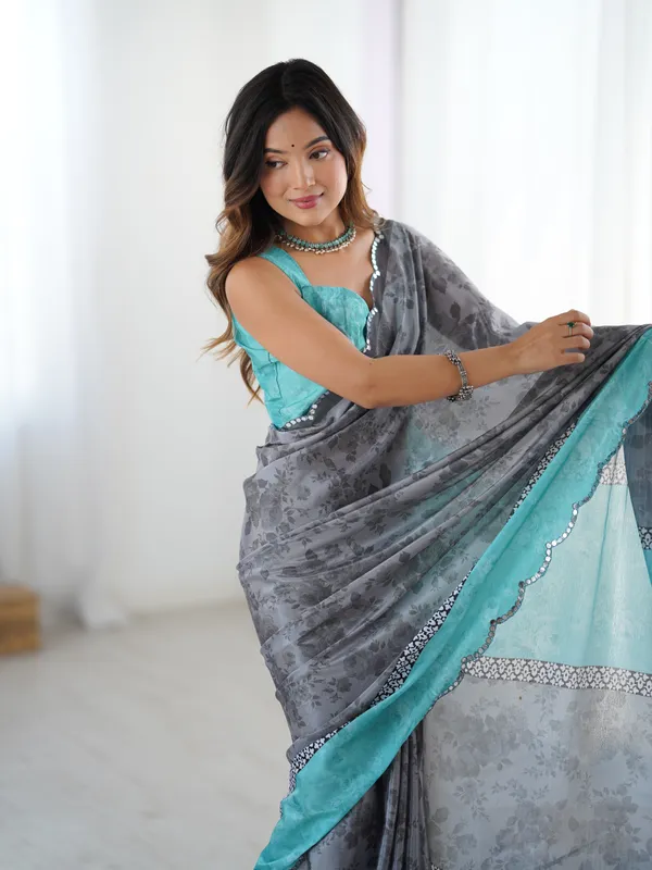 Grey_And_Sea_Blue_Pure_Chinon_Digital_Print_Saree_With_Mirror_Work_Scallop_Border_For_Women