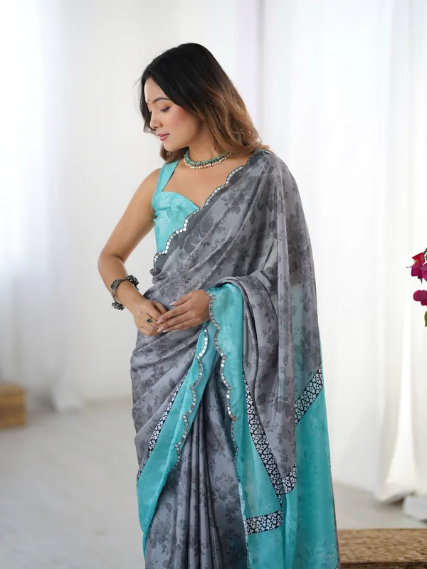 Grey_And_Sea_Blue_Pure_Chinon_Digital_Print_Saree_With_Mirror_Work_Scallop_Border_For_Women