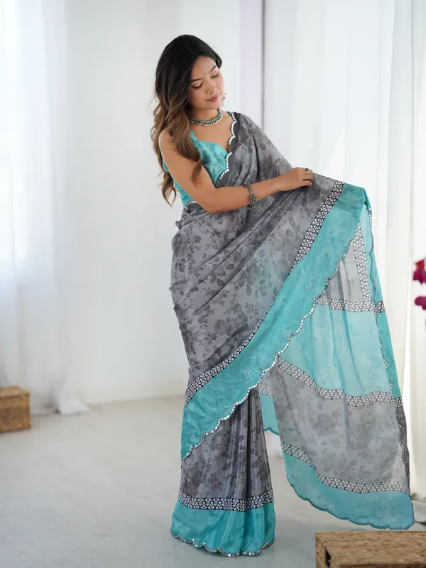 Grey_And_Sea_Blue_Pure_Chinon_Digital_Print_Saree_With_Mirror_Work_Scallop_Border_For_Women