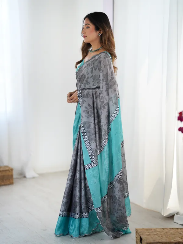 Grey_And_Sea_Blue_Pure_Chinon_Digital_Print_Saree_With_Mirror_Work_Scallop_Border_For_Women