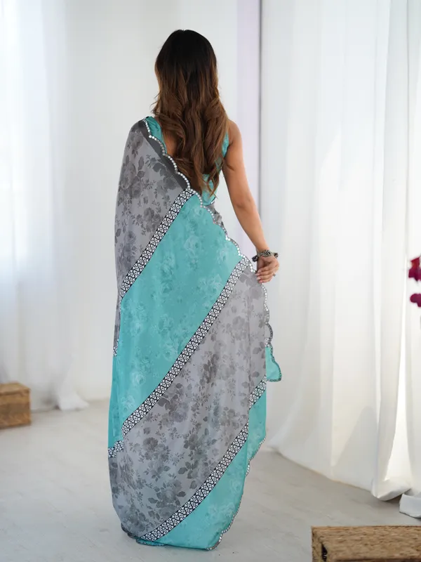 Grey_And_Sea_Blue_Pure_Chinon_Digital_Print_Saree_With_Mirror_Work_Scallop_Border_For_Women
