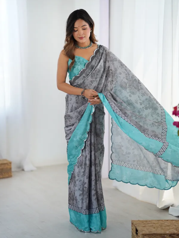 Grey_And_Sea_Blue_Pure_Chinon_Digital_Print_Saree_With_Mirror_Work_Scallop_Border_For_Women