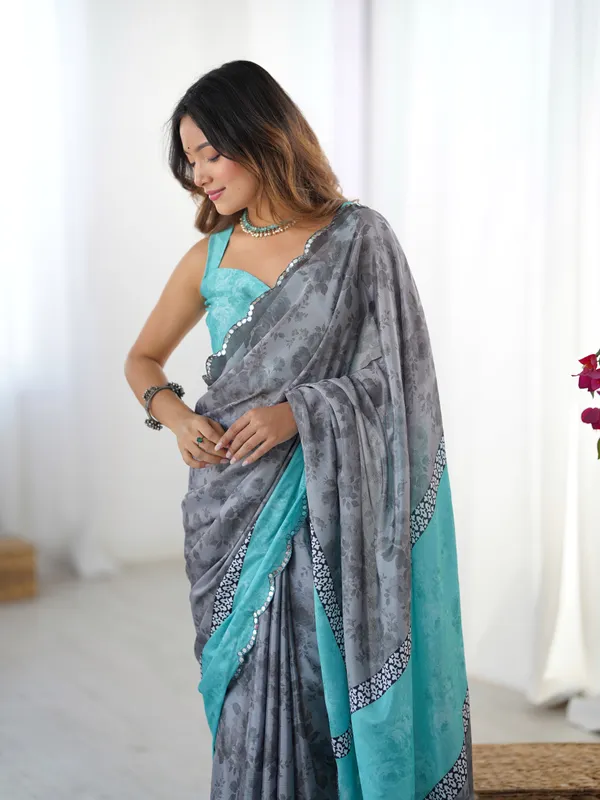 Grey_And_Sea_Blue_Pure_Chinon_Digital_Print_Saree_With_Mirror_Work_Scallop_Border_For_Women