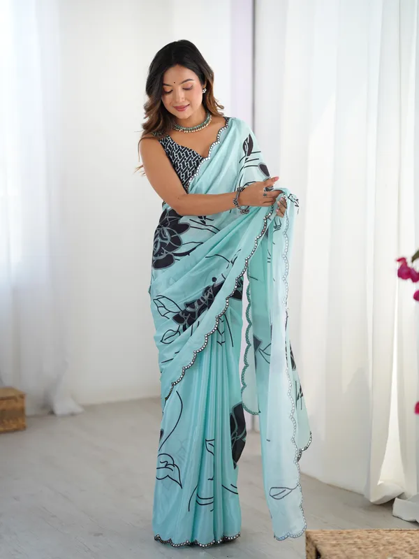 Sea_Blue_And_Navy_Pure_Chinon_Digital_Print_Saree_With_Mirror_Work_Scallop_Border_For_Women