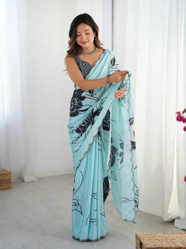 Sea_Blue_And_Navy_Pure_Chinon_Digital_Print_Saree_With_Mirror_Work_Scallop_Border_For_Women