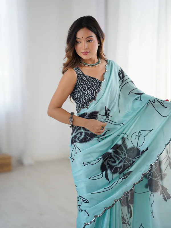 Sea_Blue_And_Navy_Pure_Chinon_Digital_Print_Saree_With_Mirror_Work_Scallop_Border_For_Women