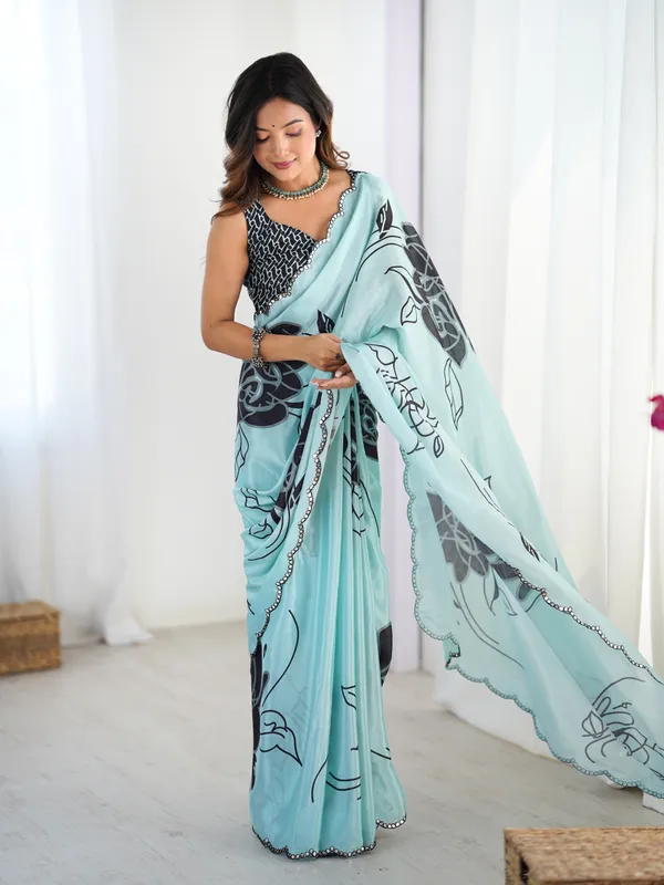 Sea_Blue_And_Navy_Pure_Chinon_Digital_Print_Saree_With_Mirror_Work_Scallop_Border_For_Women