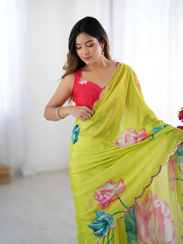 Yellow_And_Pink_Pure_Chinon_Digital_Print_Saree_With_Mirror_Work_Scallop_Border_For_Women