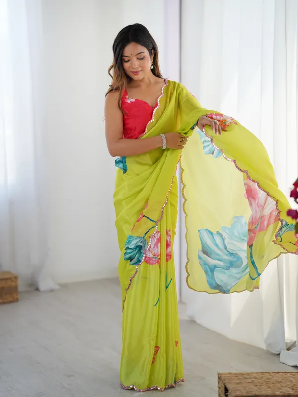 Yellow_And_Pink_Pure_Chinon_Digital_Print_Saree_With_Mirror_Work_Scallop_Border_For_Women