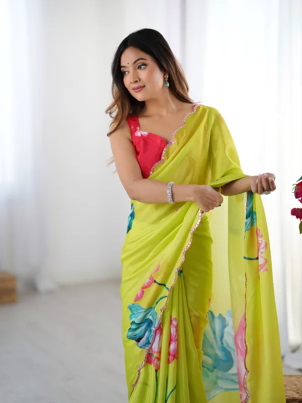 Yellow_And_Pink_Pure_Chinon_Digital_Print_Saree_With_Mirror_Work_Scallop_Border_For_Women