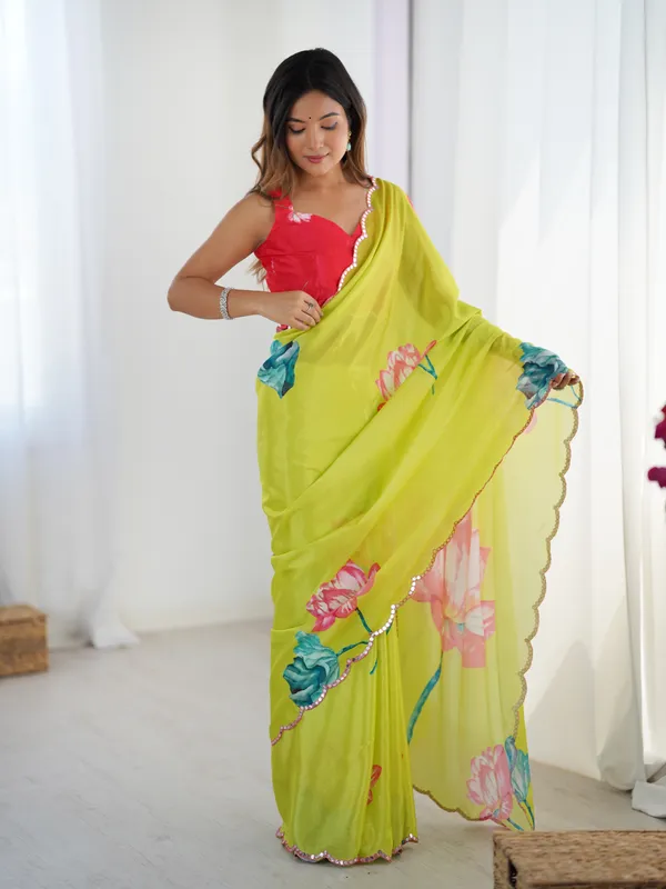 Yellow_And_Pink_Pure_Chinon_Digital_Print_Saree_With_Mirror_Work_Scallop_Border_For_Women
