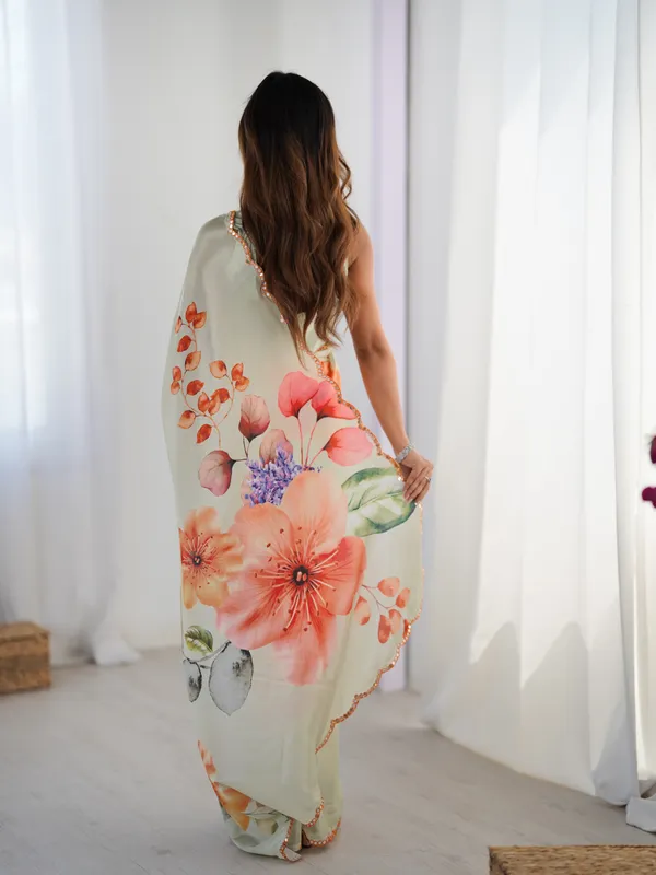 Beige_Pure_Chinon_Digital_Print_Saree_With_Mirror_Work_Scallop_Border_For_Women