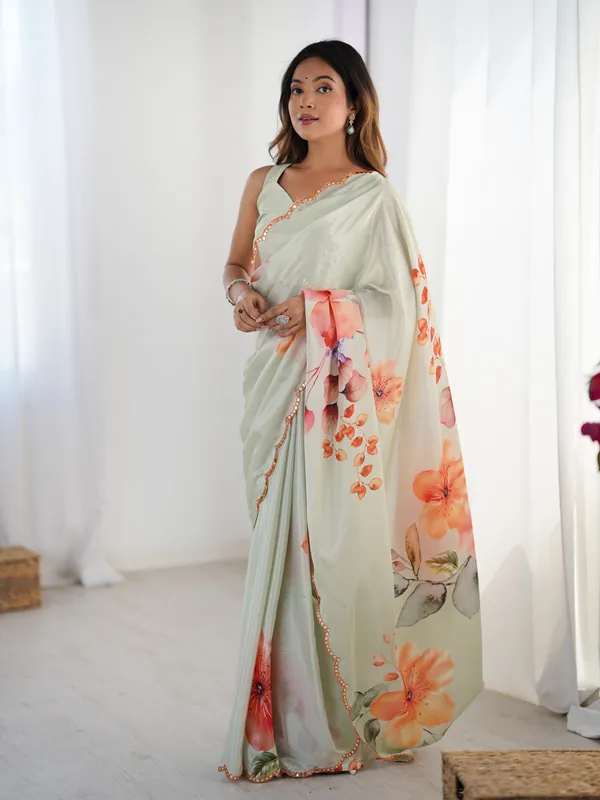 Beige_Pure_Chinon_Digital_Print_Saree_With_Mirror_Work_Scallop_Border_For_Women