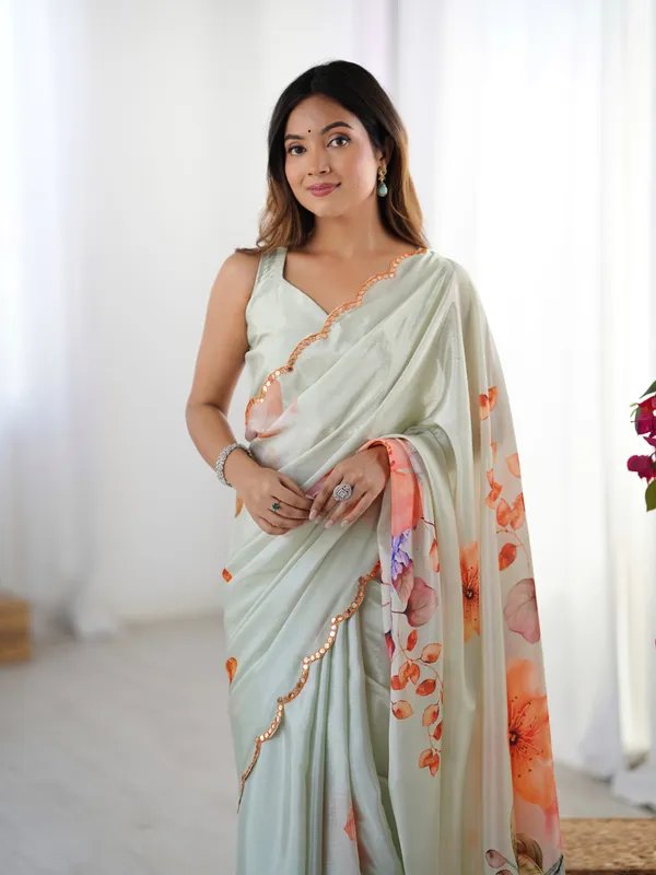 Beige_Pure_Chinon_Digital_Print_Saree_With_Mirror_Work_Scallop_Border_For_Women
