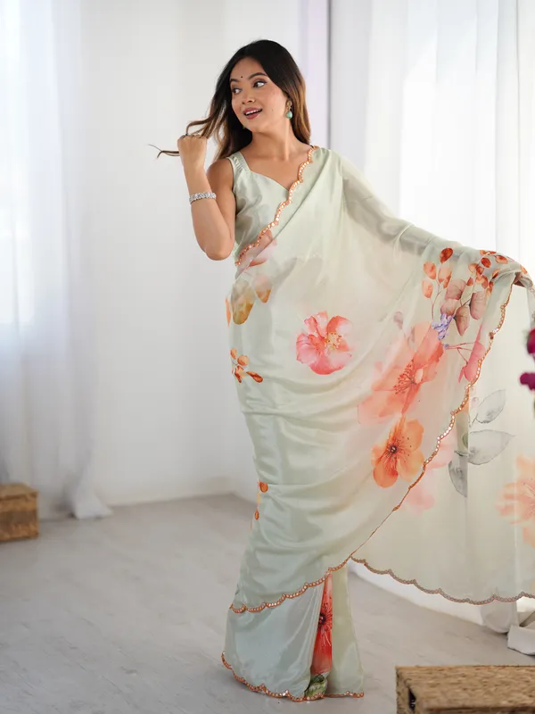 Beige_Pure_Chinon_Digital_Print_Saree_With_Mirror_Work_Scallop_Border_For_Women