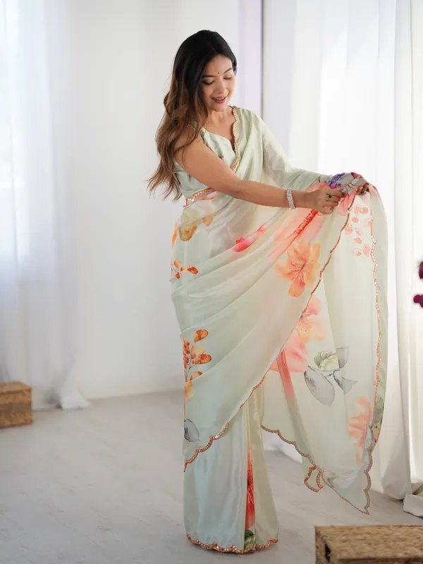 Beige_Pure_Chinon_Digital_Print_Saree_With_Mirror_Work_Scallop_Border_For_Women