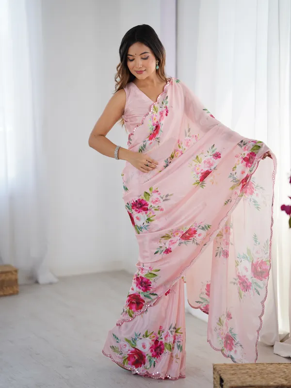 Peach_Pure_Chinon_Digital_Print_Saree_With_Mirror_Work_Scallop_Border_For_Women