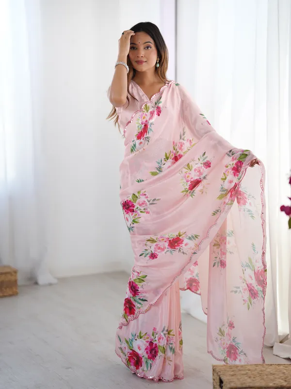 Peach_Pure_Chinon_Digital_Print_Saree_With_Mirror_Work_Scallop_Border_For_Women