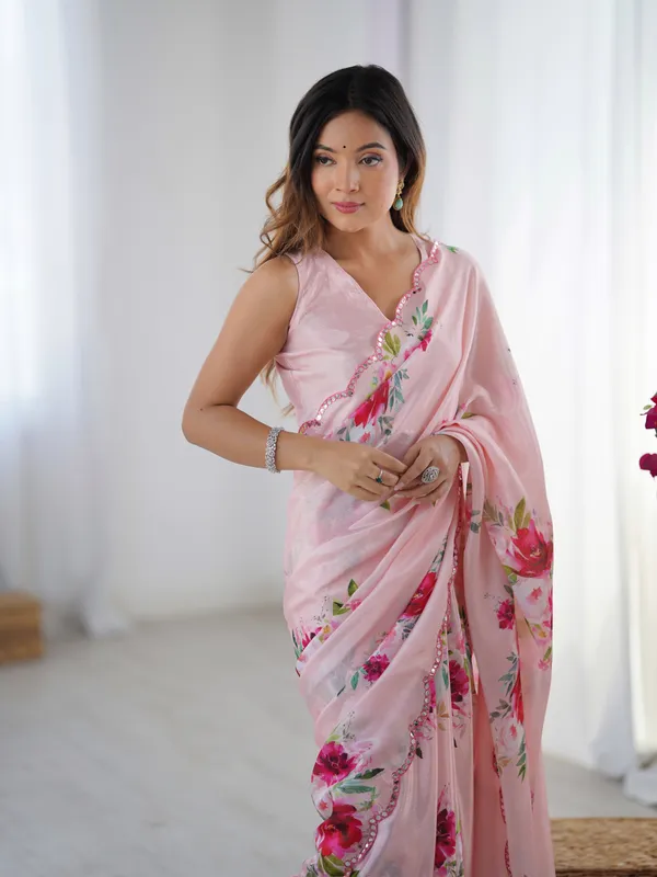Peach_Pure_Chinon_Digital_Print_Saree_With_Mirror_Work_Scallop_Border_For_Women