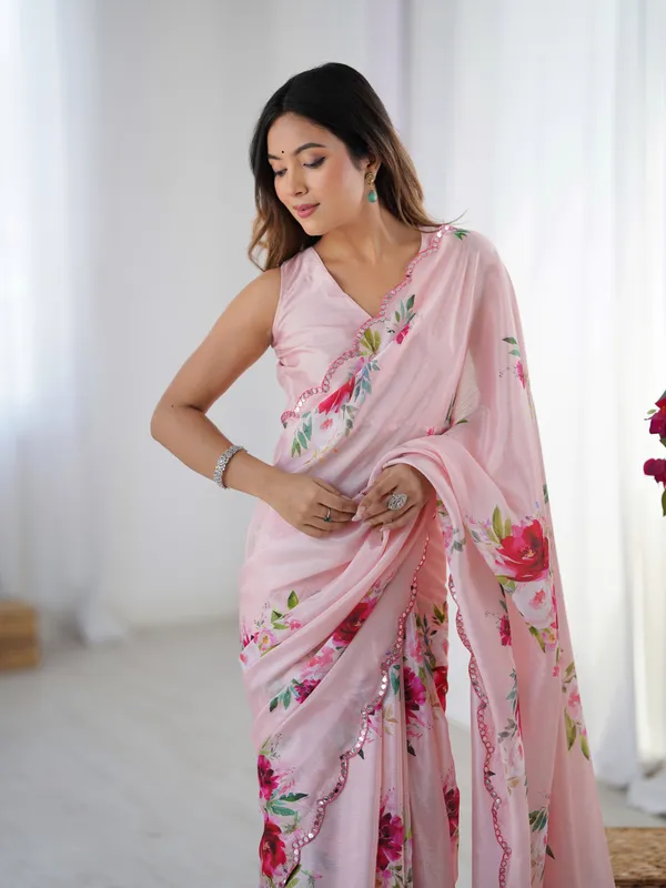 Peach_Pure_Chinon_Digital_Print_Saree_With_Mirror_Work_Scallop_Border_For_Women