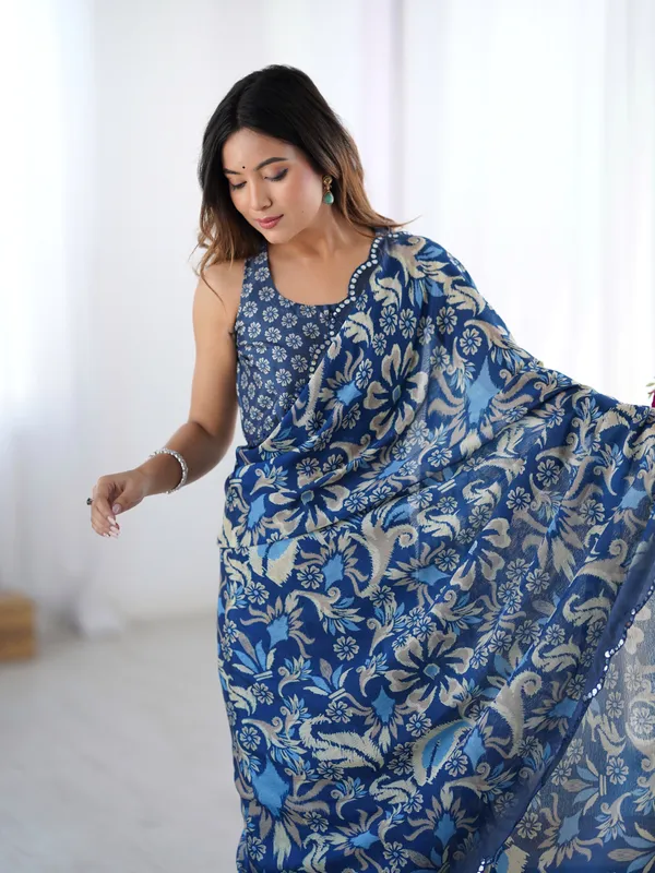 Navy_Blue_Pure_Chinon_Digital_Print_Saree_With_Mirror_Work_Scallop_Border_For_Women