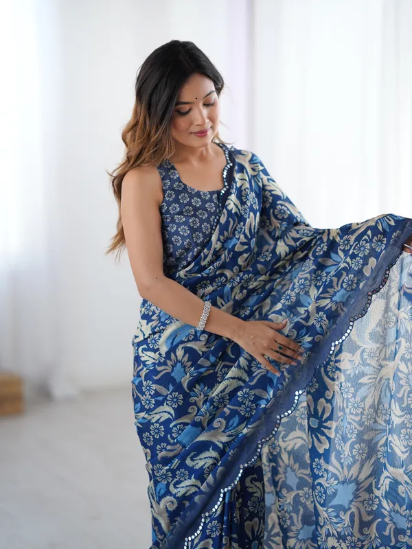Navy_Blue_Pure_Chinon_Digital_Print_Saree_With_Mirror_Work_Scallop_Border_For_Women