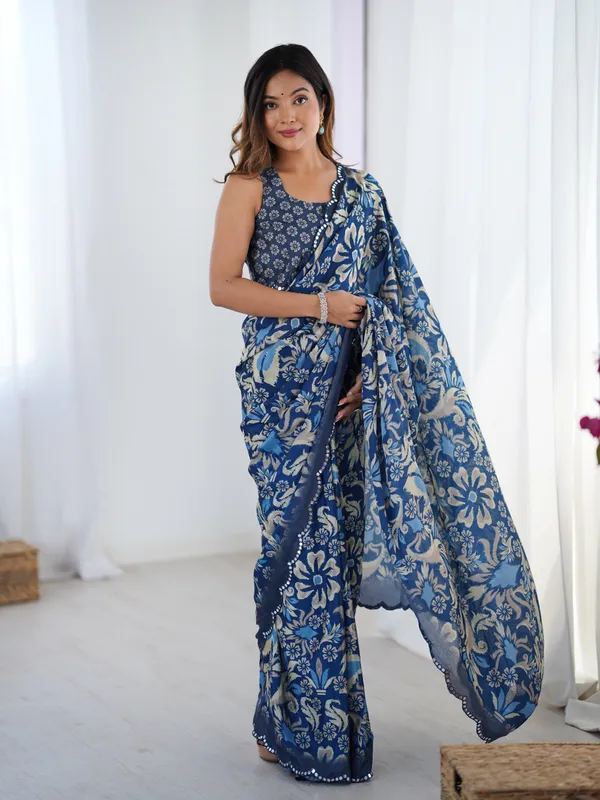 Navy_Blue_Pure_Chinon_Digital_Print_Saree_With_Mirror_Work_Scallop_Border_For_Women