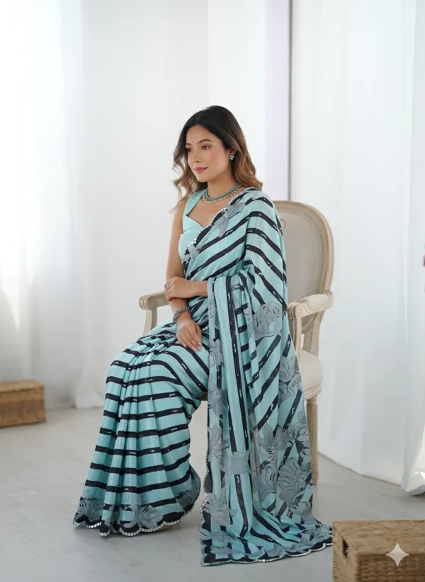 Teal_Pure_Chinon_Digital_Print_Saree_With_Mirror_Work_Scallop_Border_For_Women