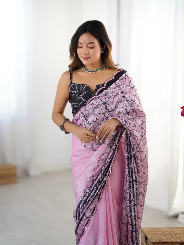 Pink_And_Black_Pure_Chinon_Digital_Print_Saree_With_Mirror_Work_Scallop_Border_For_Women
