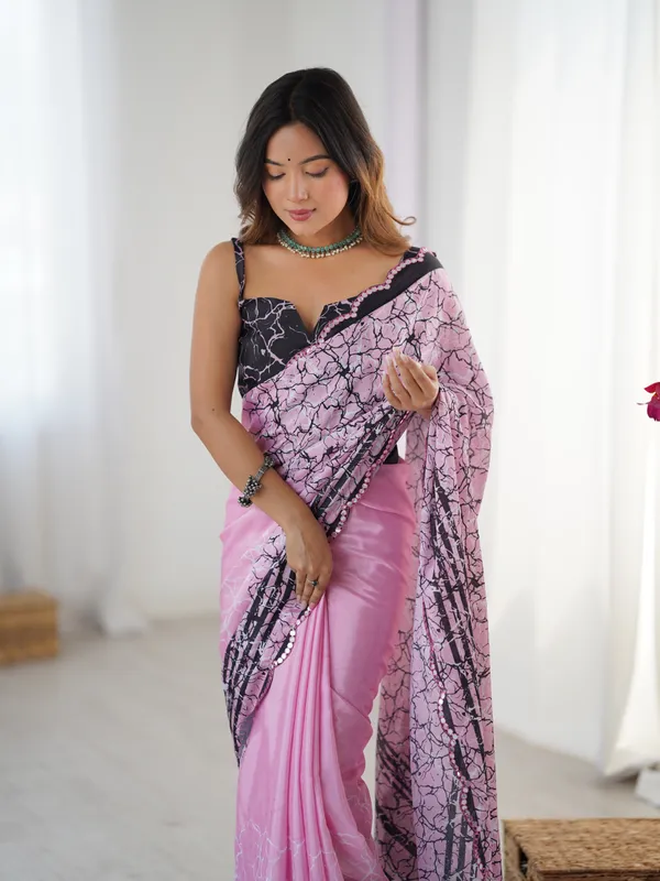 Pink_And_Black_Pure_Chinon_Digital_Print_Saree_With_Mirror_Work_Scallop_Border_For_Women