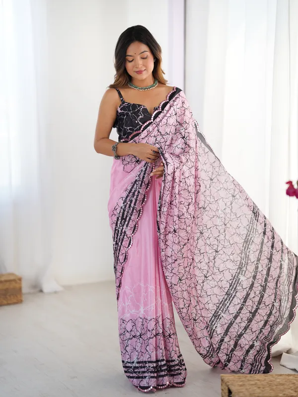 Pink_And_Black_Pure_Chinon_Digital_Print_Saree_With_Mirror_Work_Scallop_Border_For_Women