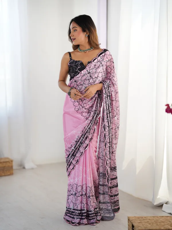 Pink_And_Black_Pure_Chinon_Digital_Print_Saree_With_Mirror_Work_Scallop_Border_For_Women