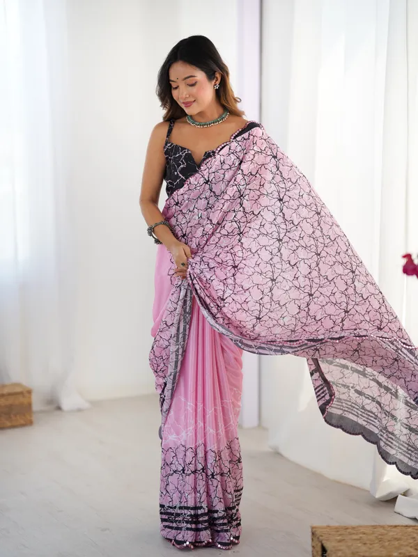 Pink_And_Black_Pure_Chinon_Digital_Print_Saree_With_Mirror_Work_Scallop_Border_For_Women