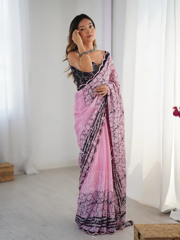 Pink_And_Black_Pure_Chinon_Digital_Print_Saree_With_Mirror_Work_Scallop_Border_For_Women