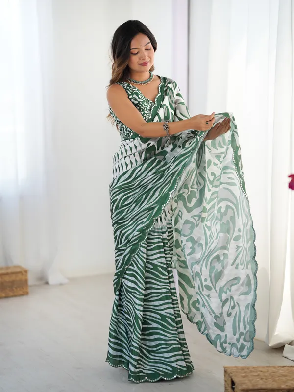 Green_And_White_Pure_Chinon_Digital_Print_Saree_With_Mirror_Work_Scallop_Border_For_Women