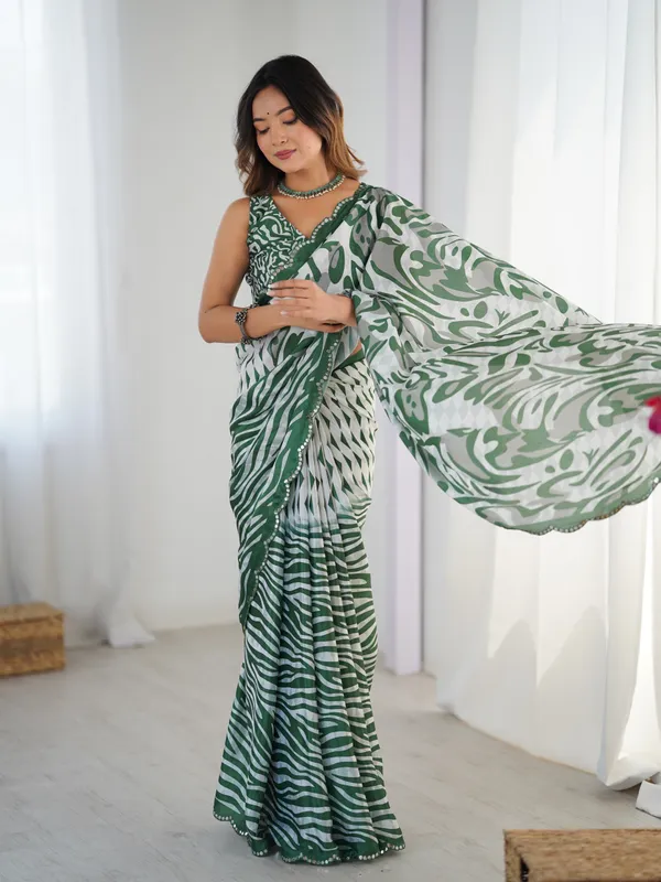 Green_And_White_Pure_Chinon_Digital_Print_Saree_With_Mirror_Work_Scallop_Border_For_Women