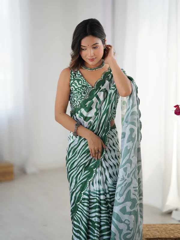 Green_And_White_Pure_Chinon_Digital_Print_Saree_With_Mirror_Work_Scallop_Border_For_Women