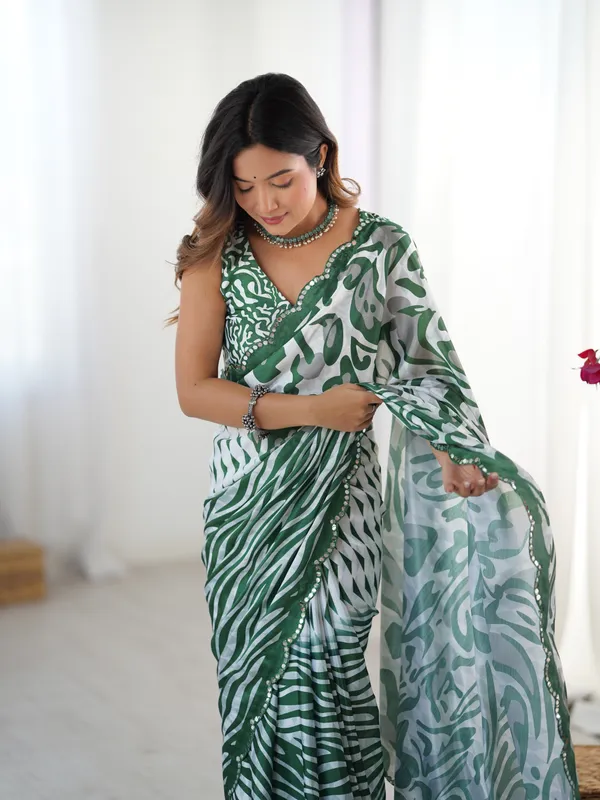 Green_And_White_Pure_Chinon_Digital_Print_Saree_With_Mirror_Work_Scallop_Border_For_Women
