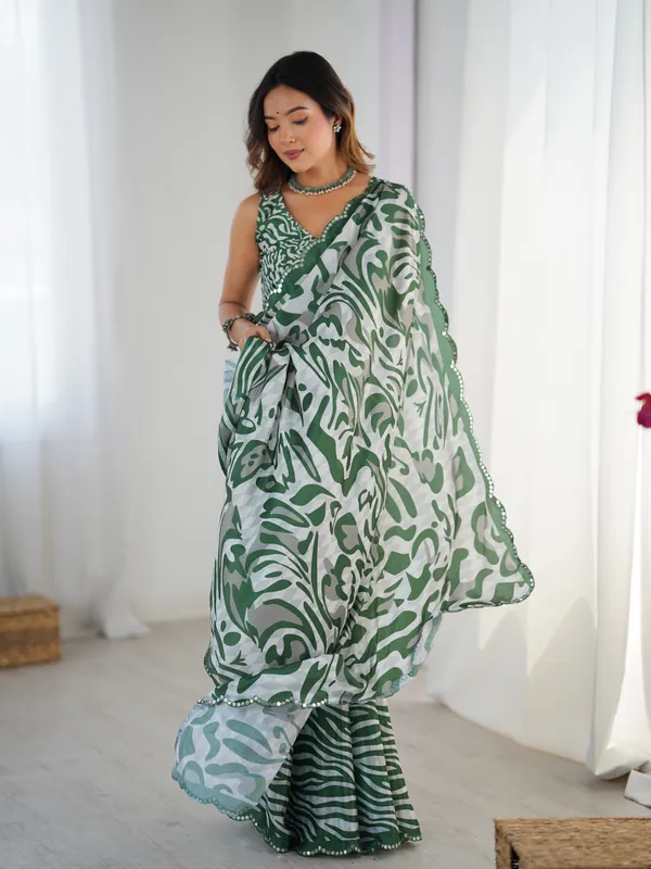 Green_And_White_Pure_Chinon_Digital_Print_Saree_With_Mirror_Work_Scallop_Border_For_Women