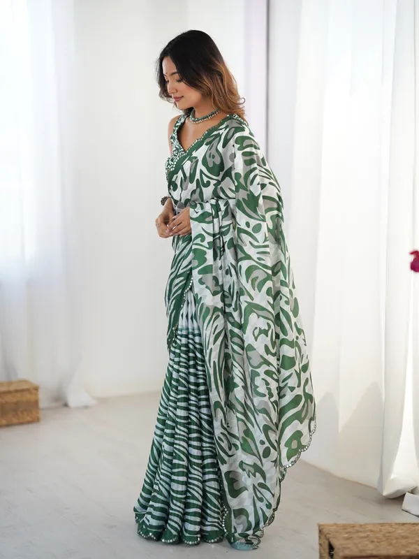 Green_And_White_Pure_Chinon_Digital_Print_Saree_With_Mirror_Work_Scallop_Border_For_Women